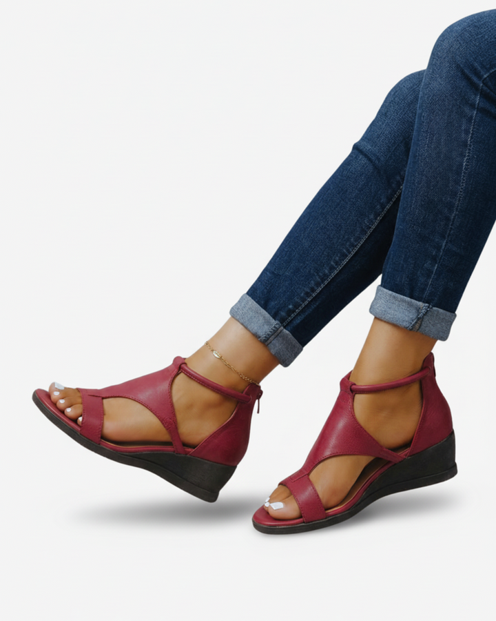 Brown comfortable strappy wedge sandals. Women's elegant summer footwear, perfect for dresses.