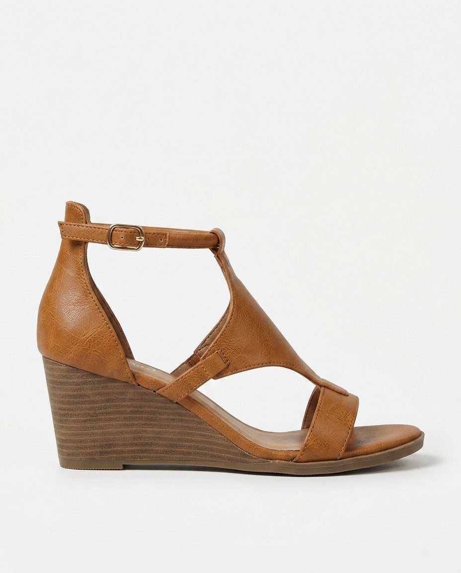 Red women's strappy wedge sandals. Vibrant, comfortable summer dress sandals with wedge heel.