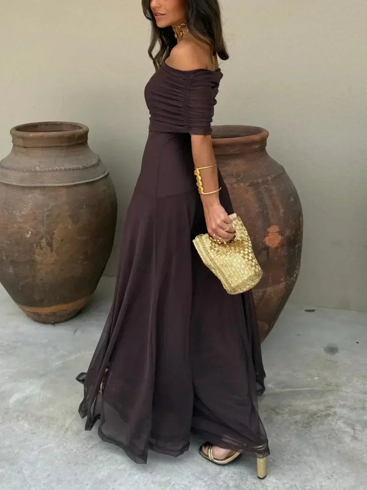 Sophisticated brown off-the-shoulder maxi dress for women, ideal as an evening gown or formal party wear.