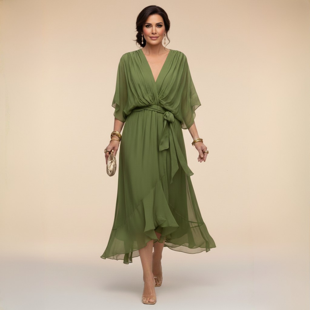 Elegant women's belted V-neck midi cocktail dress with kimono sleeves, perfect for parties & special occasions.