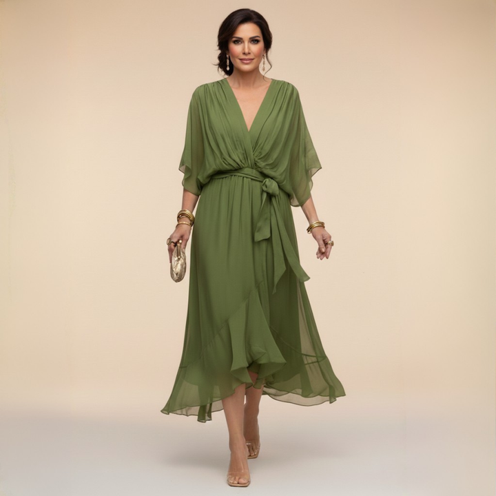 Elegant women's belted V-neck midi cocktail dress with kimono sleeves, perfect for parties & special occasions.