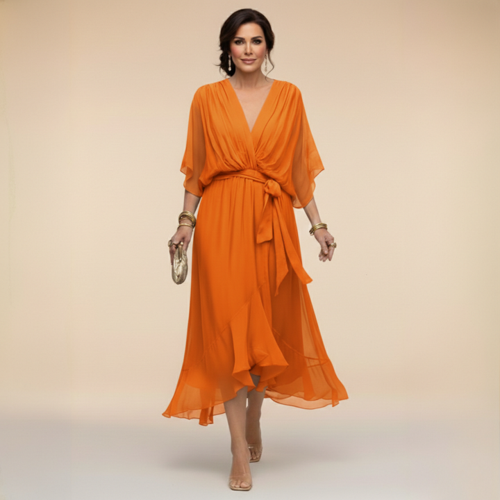 Belted V-neck midi cocktail dress for women, an elegant A-line design perfect for any special occasion.