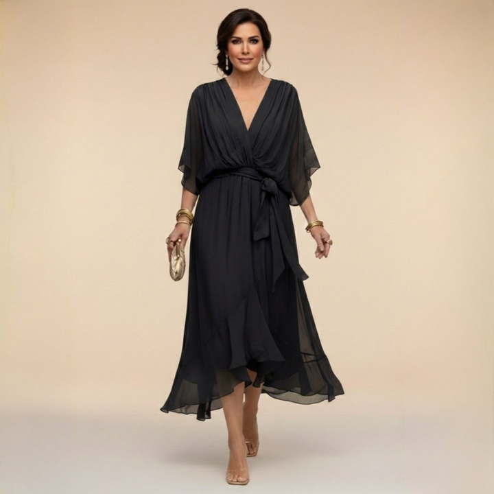 Sophisticated A-line V-neck midi cocktail dress for women, featuring a stylish belt for evening wear.