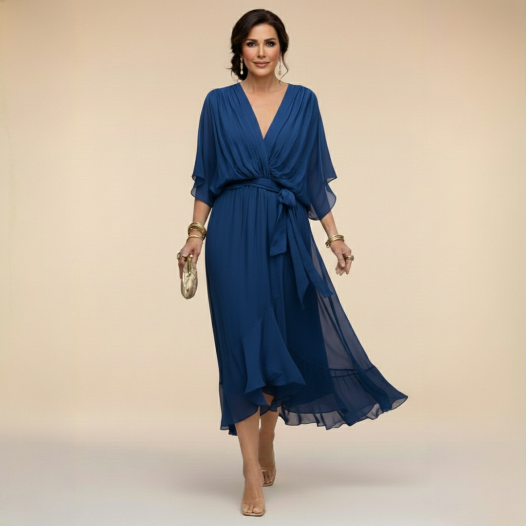 Women's formal V-neck midi dress with a belt, ideal for cocktail parties & elegant special occasions.