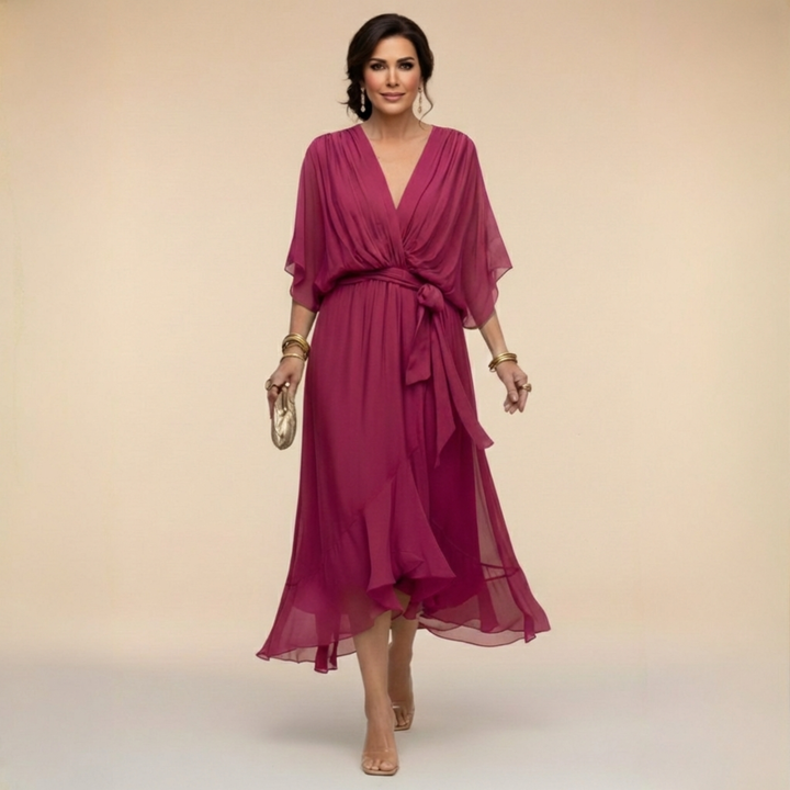 Chic women's belted V-neck midi party dress in a classic A-line style, suitable for evening wear.
