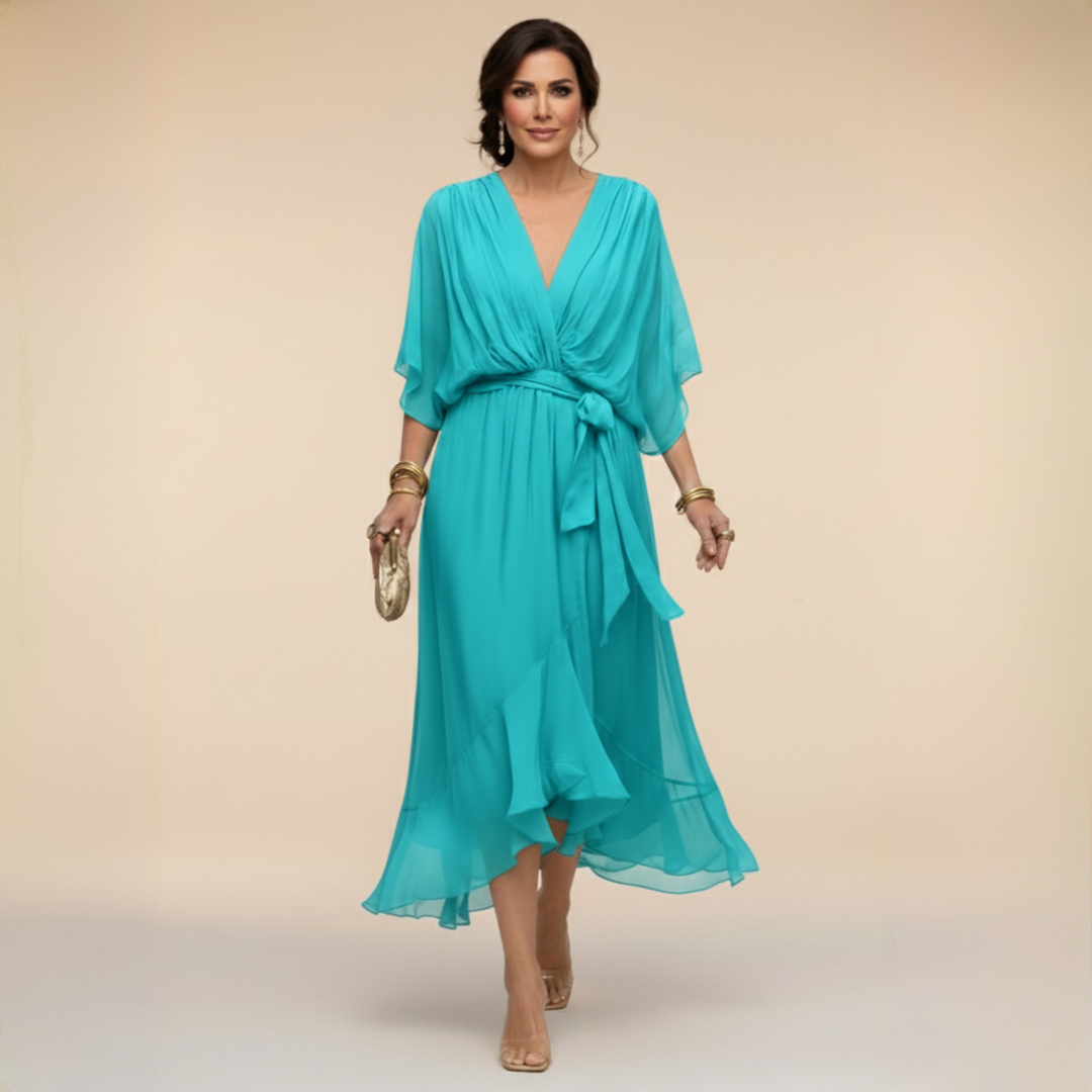 Elegant V-neck midi cocktail dress for women, with a flattering belt and comfortable kimono sleeves.