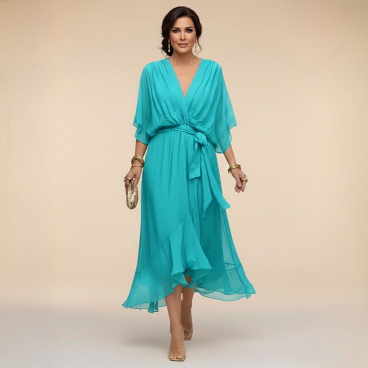 Elegant V-neck midi cocktail dress for women, with a flattering belt and comfortable kimono sleeves.
