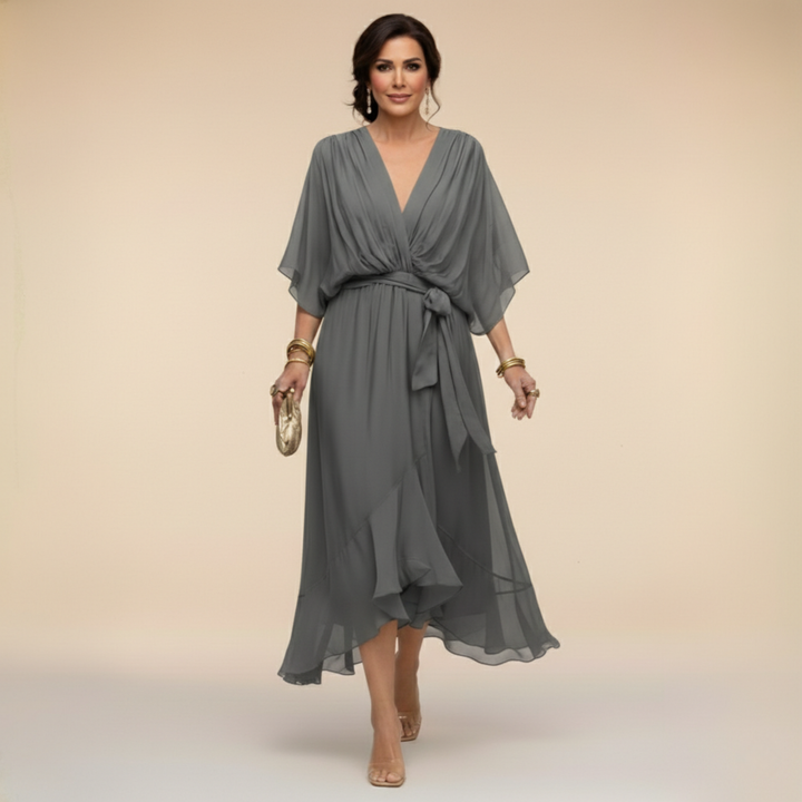 Women's sophisticated belted A-line midi cocktail dress, a perfect choice for formal evening events.