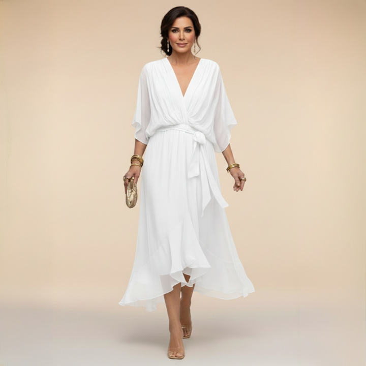 Stylish women's V-neck midi dress with belt, great for cocktail parties, evening wear & special occasions.