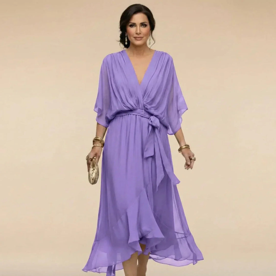Formal women's elegant V-neck midi cocktail dress, featuring a chic belt and A-line silhouette.