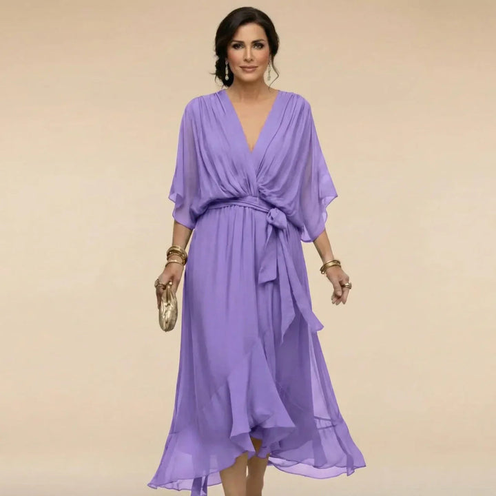 Formal women's elegant V-neck midi cocktail dress, featuring a chic belt and A-line silhouette.