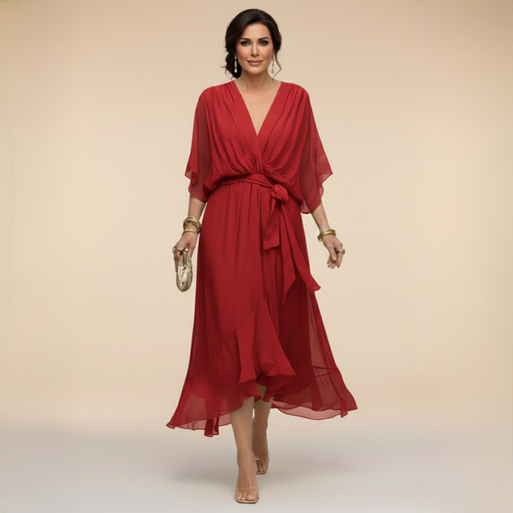 Women's elegant party dress: V-neck midi with belt & kimono sleeves, ideal for formal evening events.