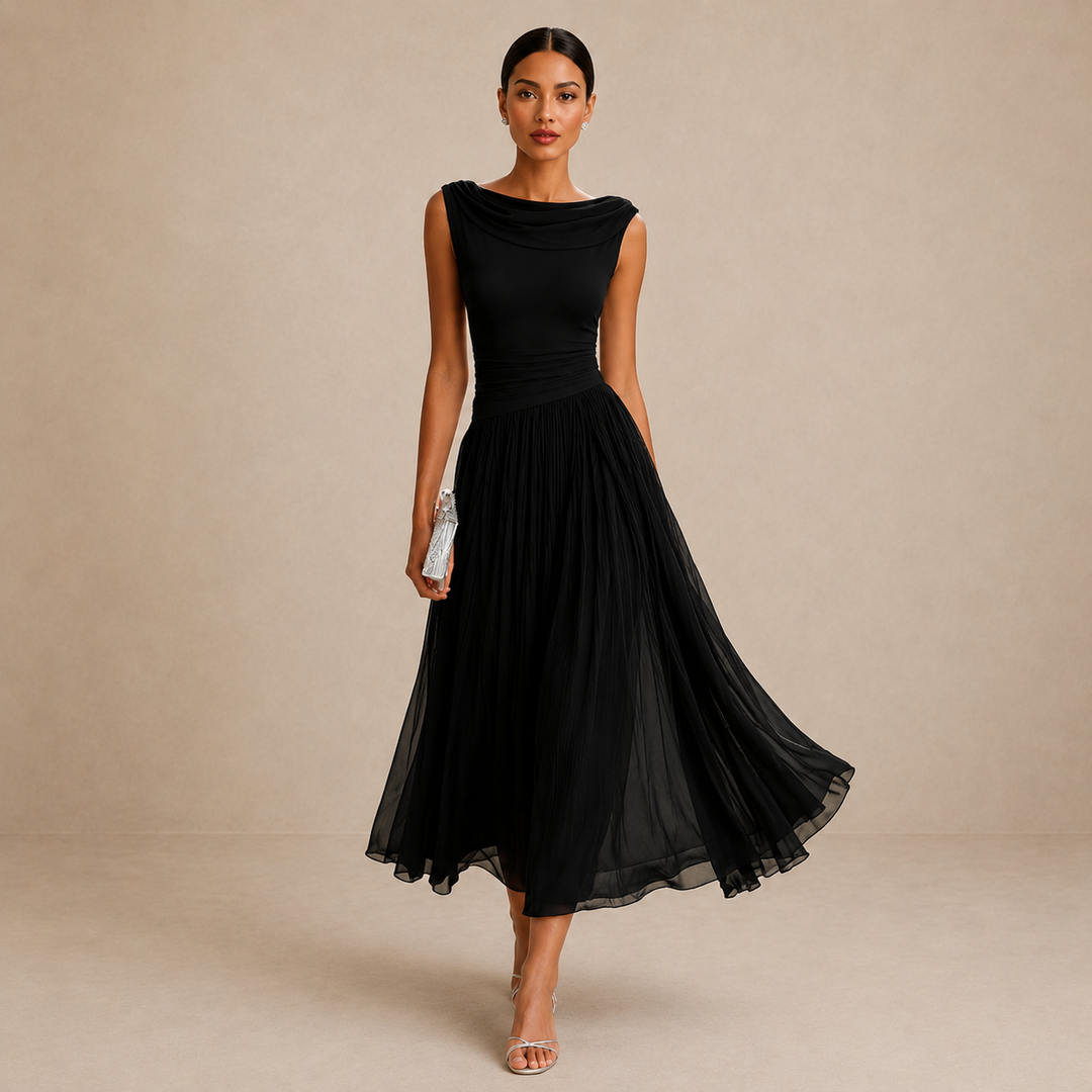 Sophisticated draped midi dress, perfect for wedding guests, race day, or elegant special occasions.