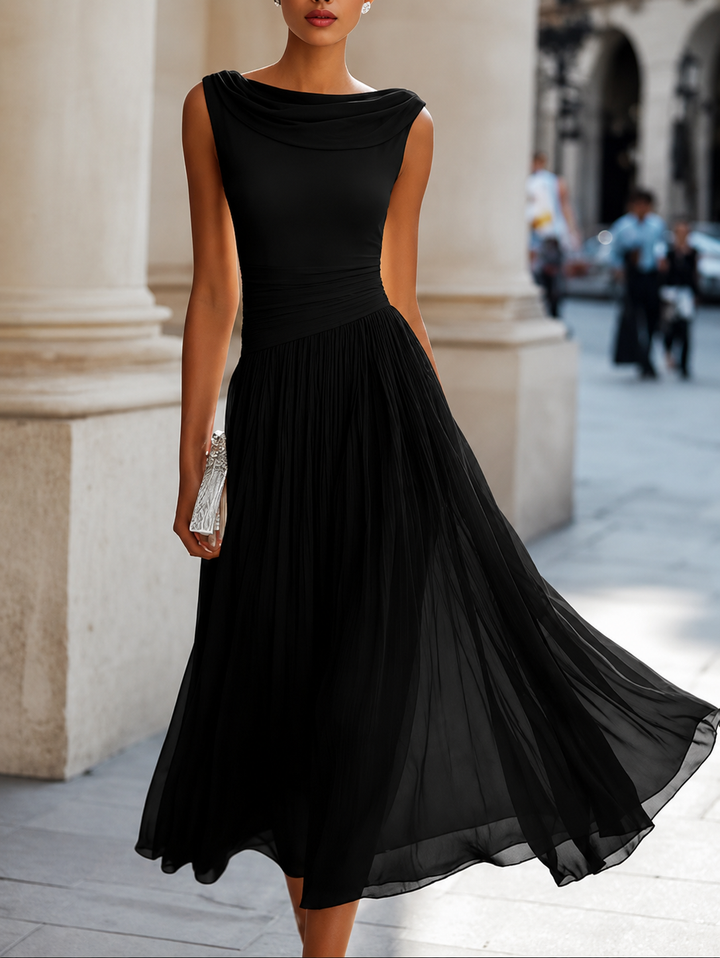 Elegant women's draped midi dress with sophisticated cowl neck, ideal for formal parties & garden events.