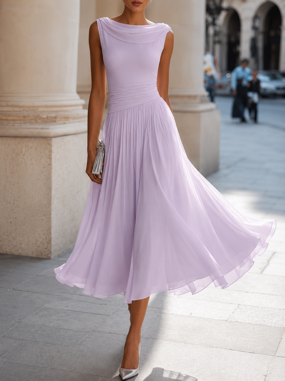 Stylish wedding guest midi dress with elegant draping, ideal for formal events, race day, or garden parties.