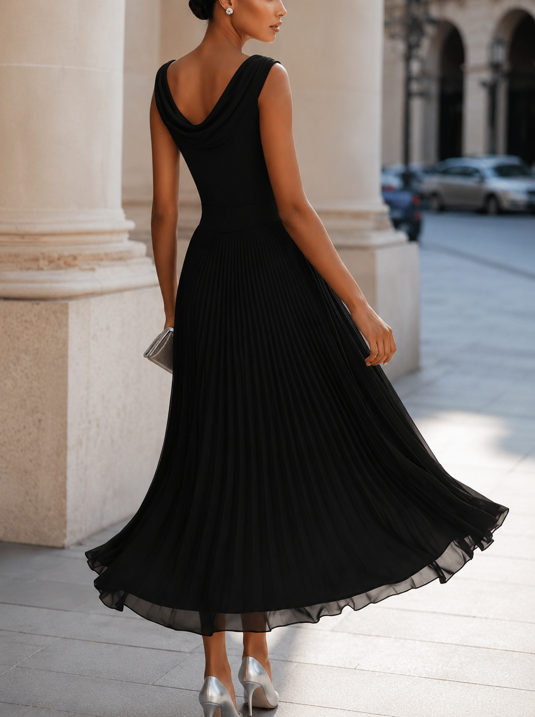 Draped sophisticated midi dress for women, featuring a flattering fit, perfect for elegant evening or day events.