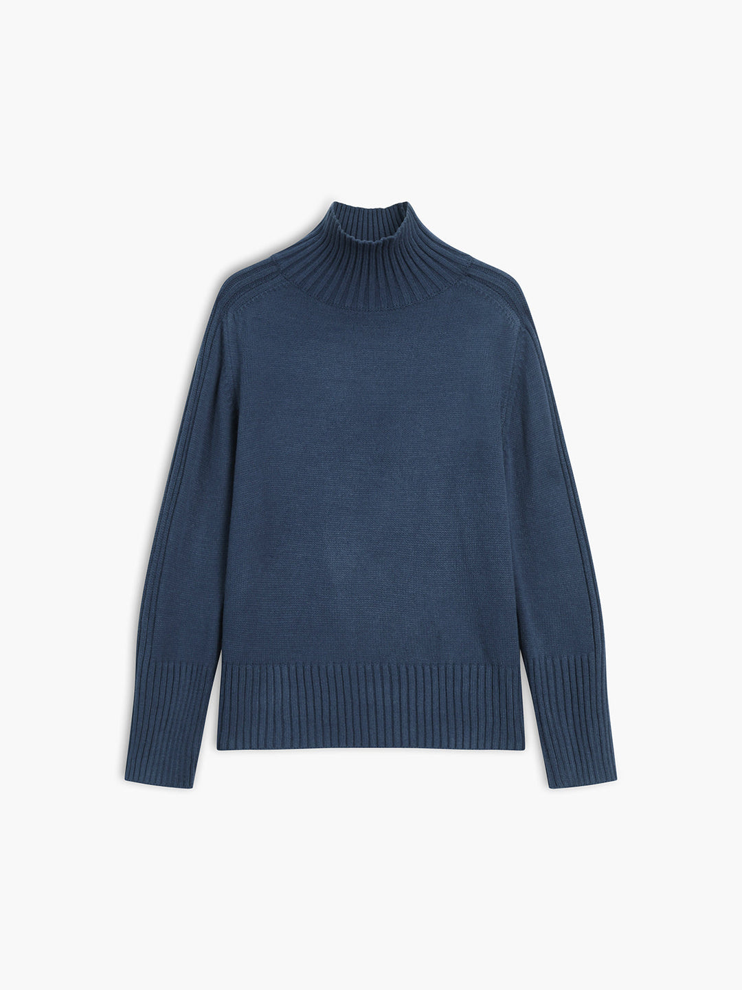Relaxed fit women's navy ribbed knit sweater; a versatile mock neck top ideal for layering.