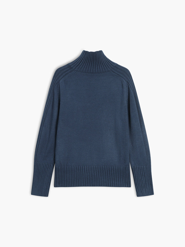 Women's cozy mock neck knit sweater in ribbed armygreen, essential fall and winter apparel.