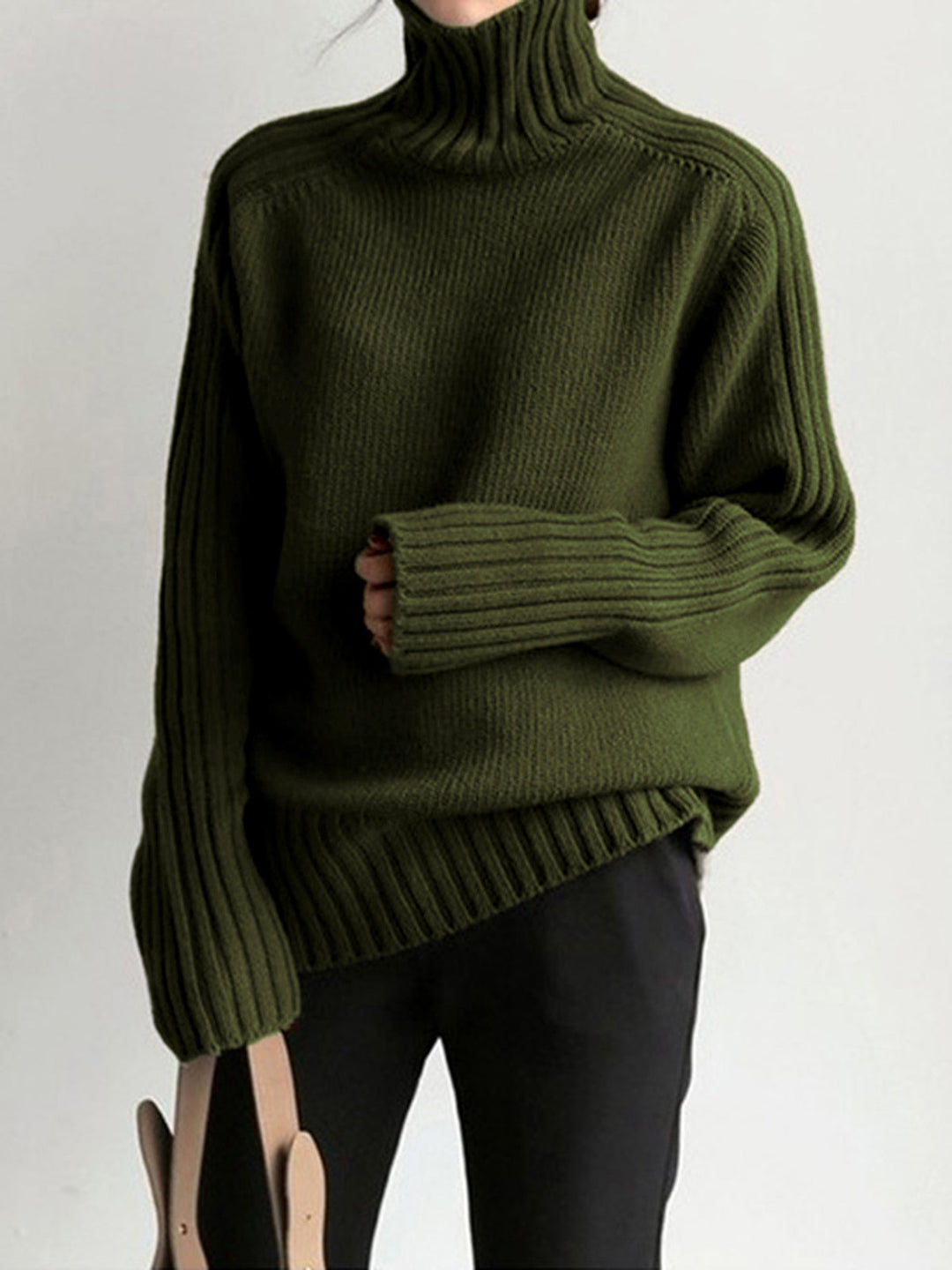 Women's navy cozy ribbed knit mock neck sweater for comfortable and stylish winter layering.