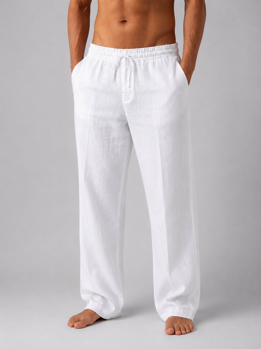 Men's relaxed fit linen drawstring pants, comfortable for warm weather, casual style, and everyday wear.
