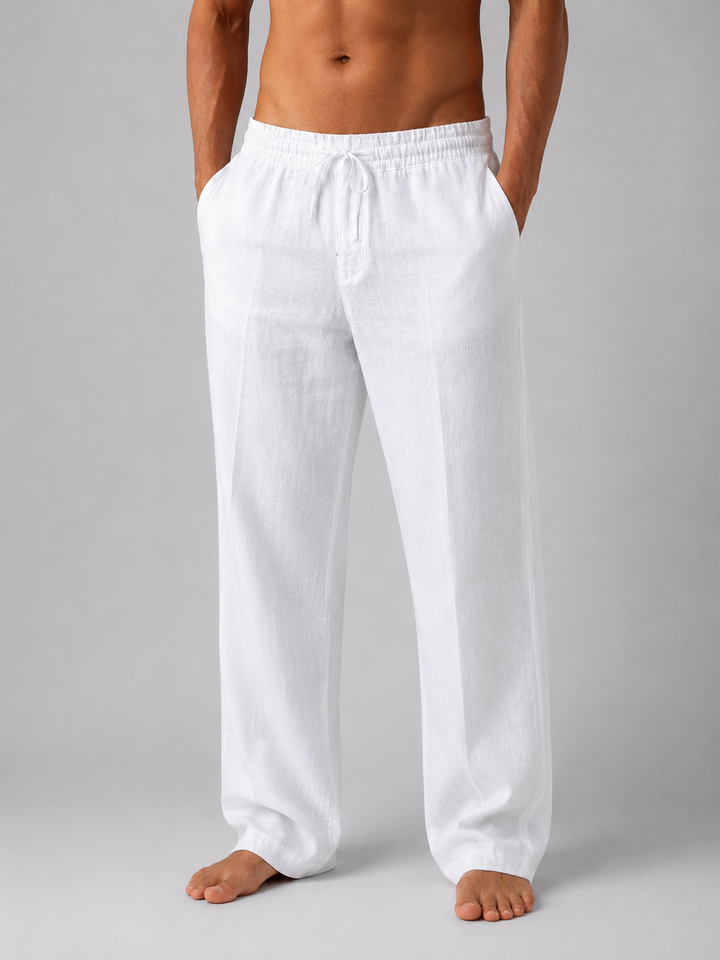 Men's relaxed fit linen drawstring pants, comfortable for warm weather, casual style, and everyday wear.