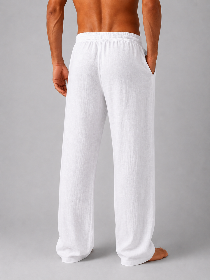 Khaki men's linen drawstring pants, relaxed fit for summer casual wear, beach trips, and everyday comfort.