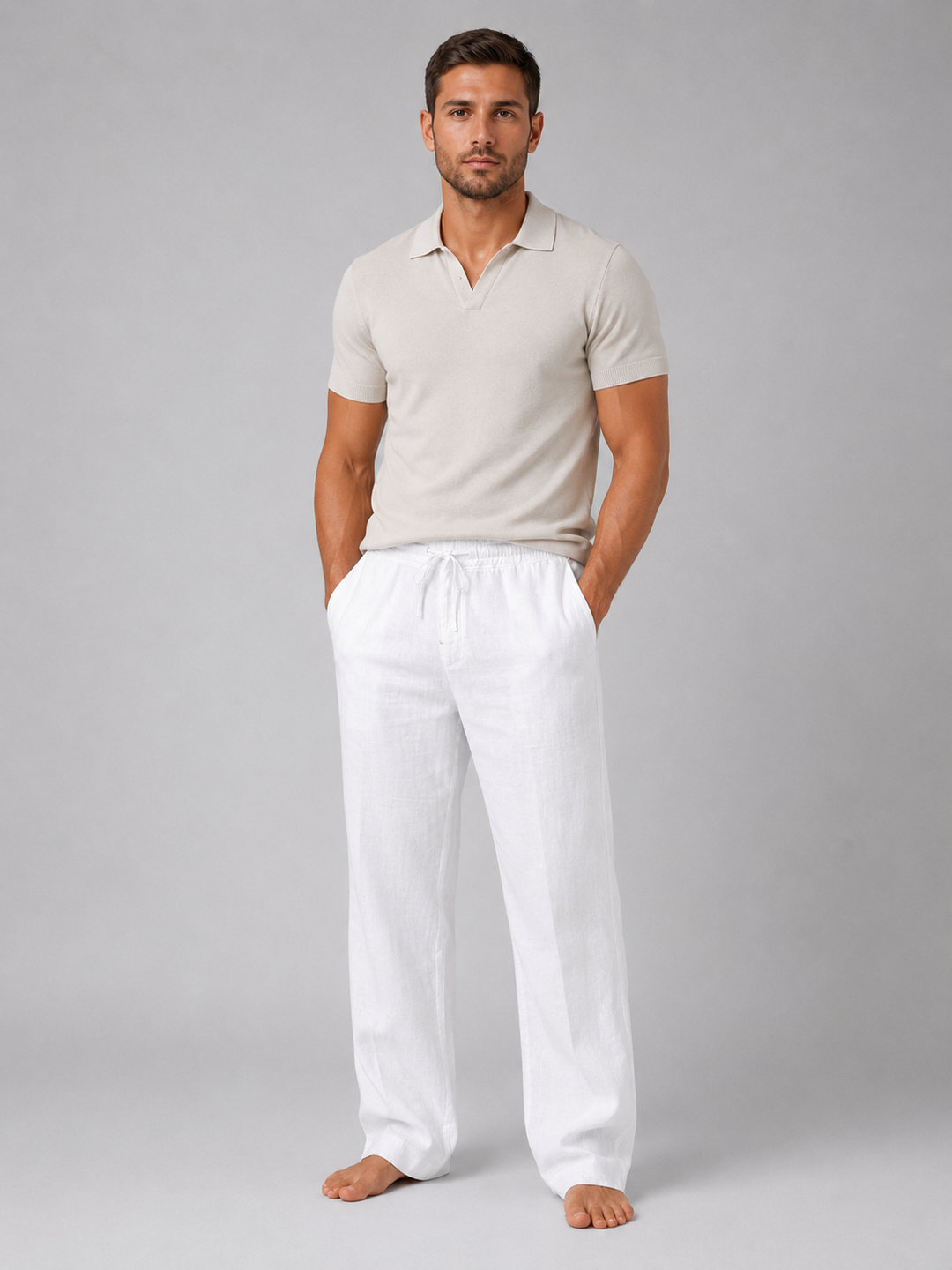 White men's relaxed fit linen pants with drawstring, ideal for warm weather, beach, and casual outings.