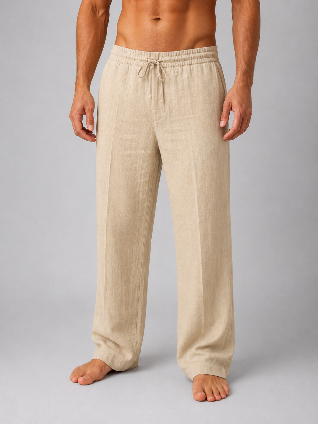 Comfortable men's relaxed fit linen pants with drawstring, ideal for casual summer days, beach, or resort wear.