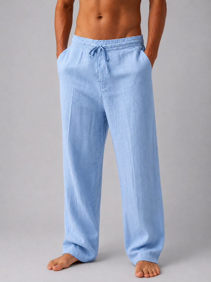Lightweight men's linen drawstring pants, relaxed fit for ultimate comfort in warm weather & everyday wear.
