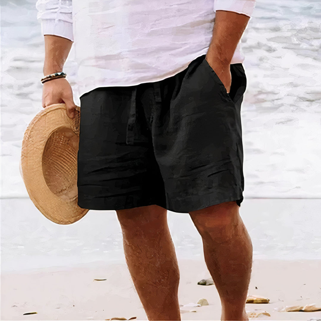 Stylish men's above-knee drawstring shorts. Casual yet elegant, perfect for warm weather and summer fashion.