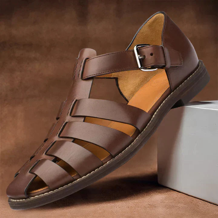 Elegant men's polished closed toe gladiator sandals with buckle straps for sophisticated casual footwear.