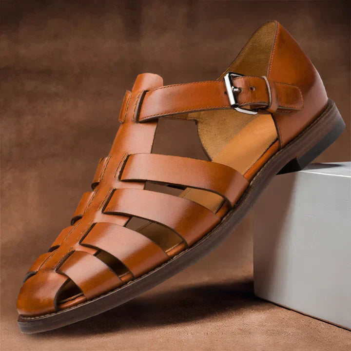 Comfortable men's closed toe gladiator sandals, polished finish, ideal for smart casual summer wear.