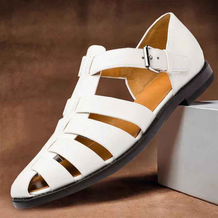 Polished men's closed toe gladiator sandals featuring secure buckle straps, offering comfort and smart casual elegance.