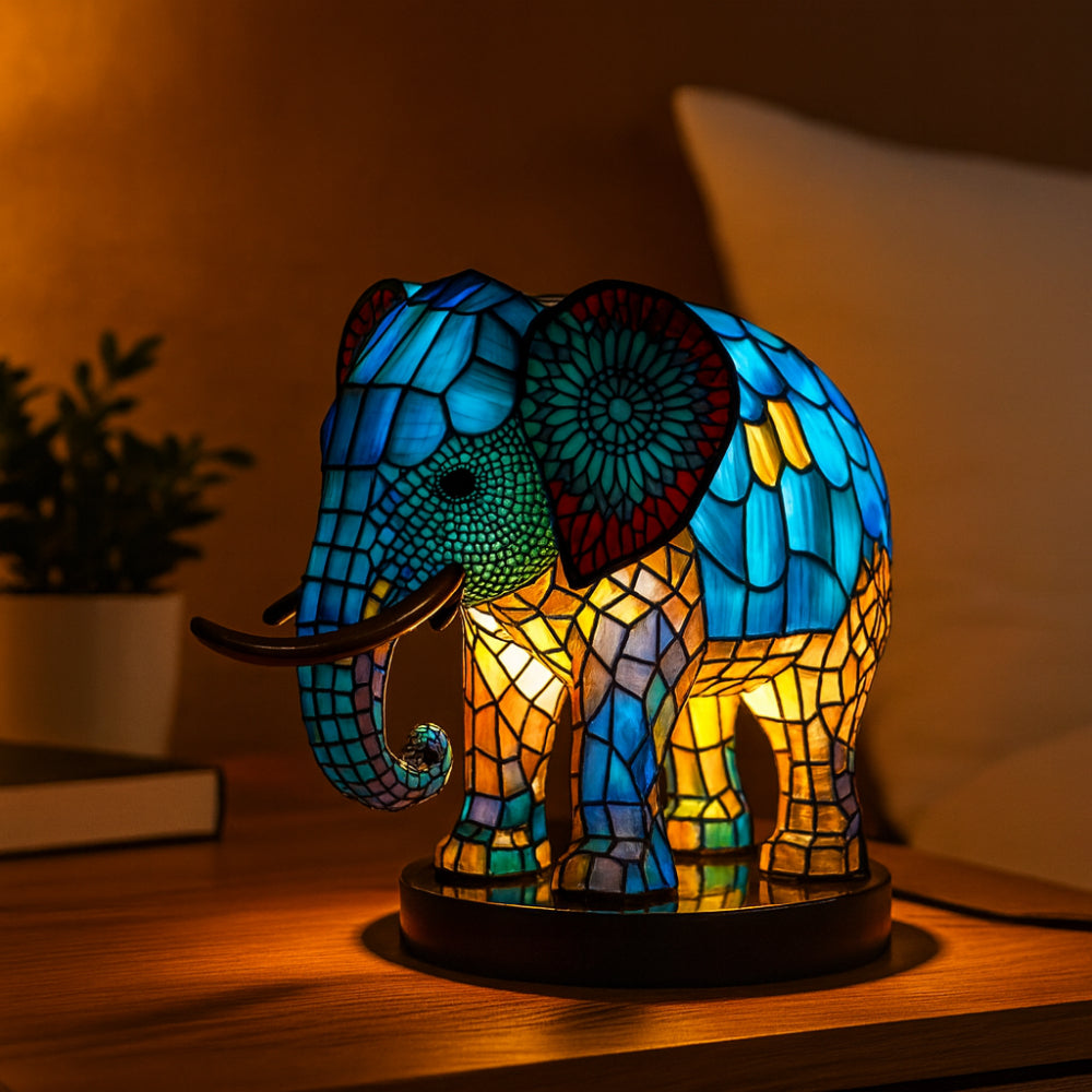 Artistic animal stained glass effect table lamp with vibrant colors.