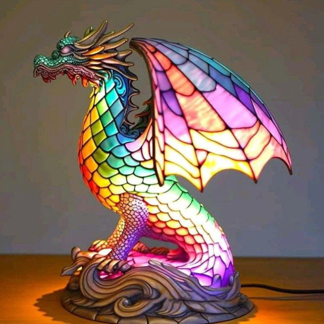 Bright and colorful animal table lamp with a faux stained glass appearance.