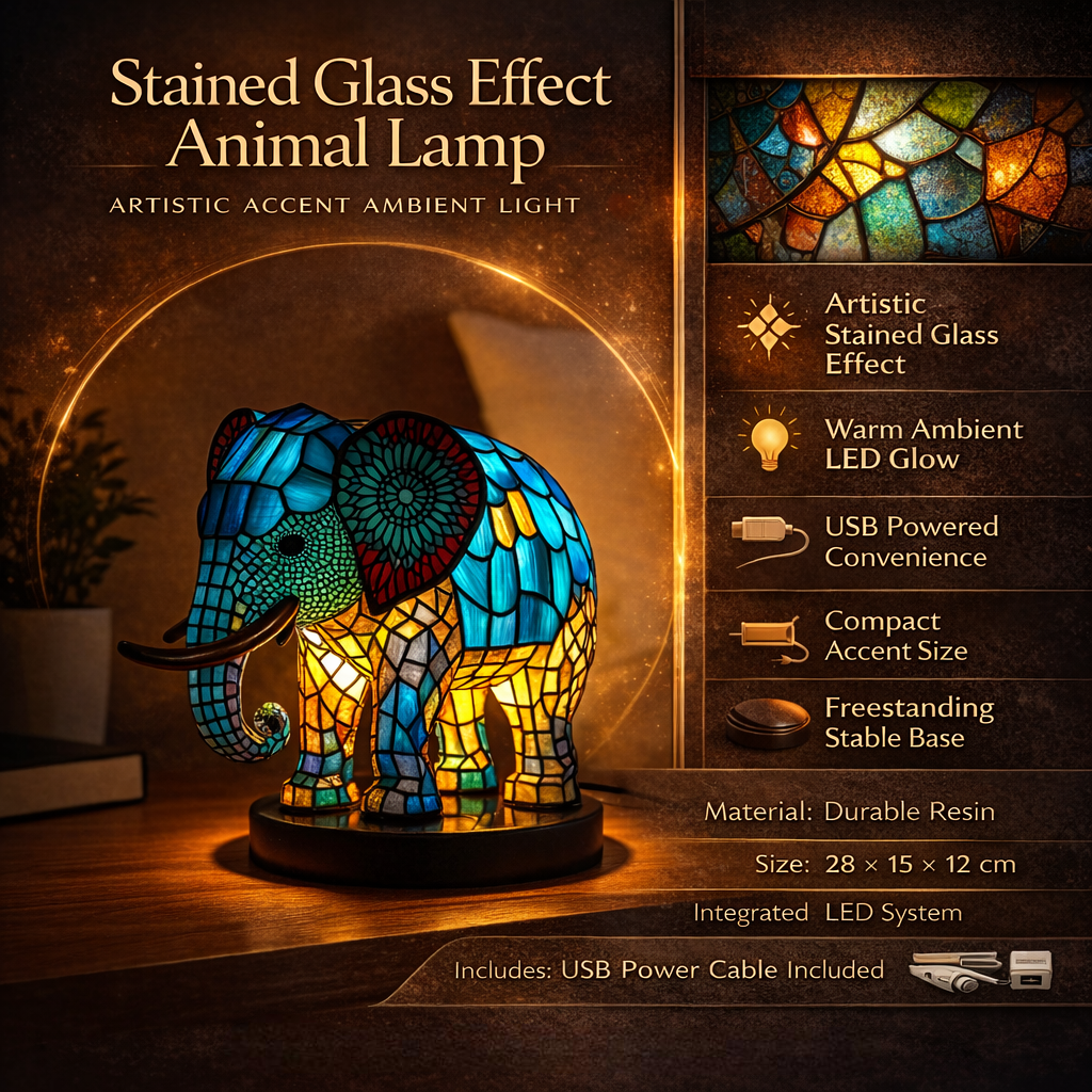 Decorative table lamp featuring a detailed animal design with stained glass look.