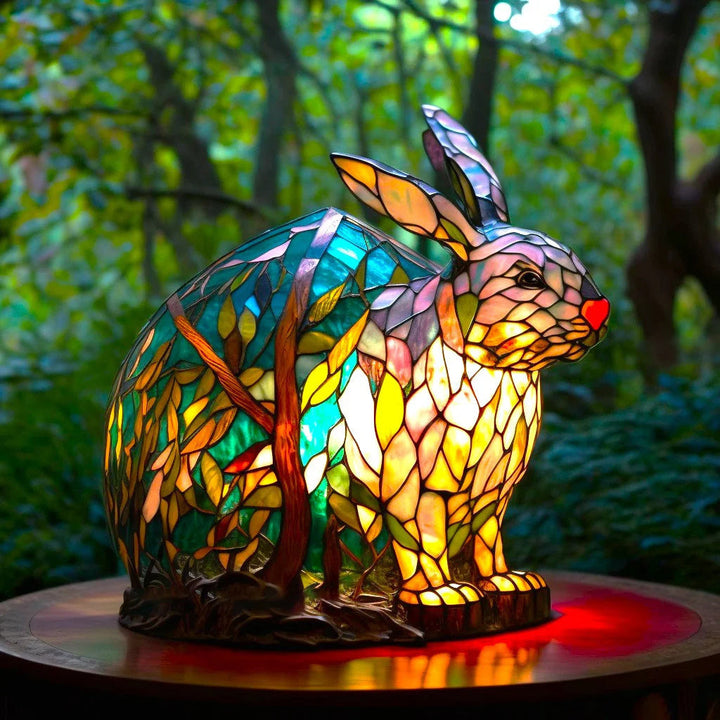Ambient lighting provided by a unique animal stained glass effect table lamp.