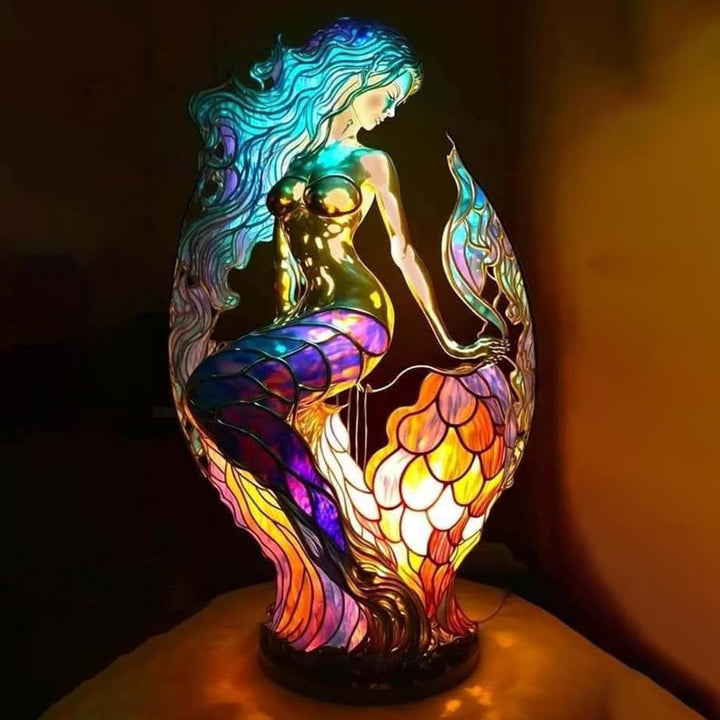 Nightstand lamp showcasing an artistic animal with a stained glass pattern.