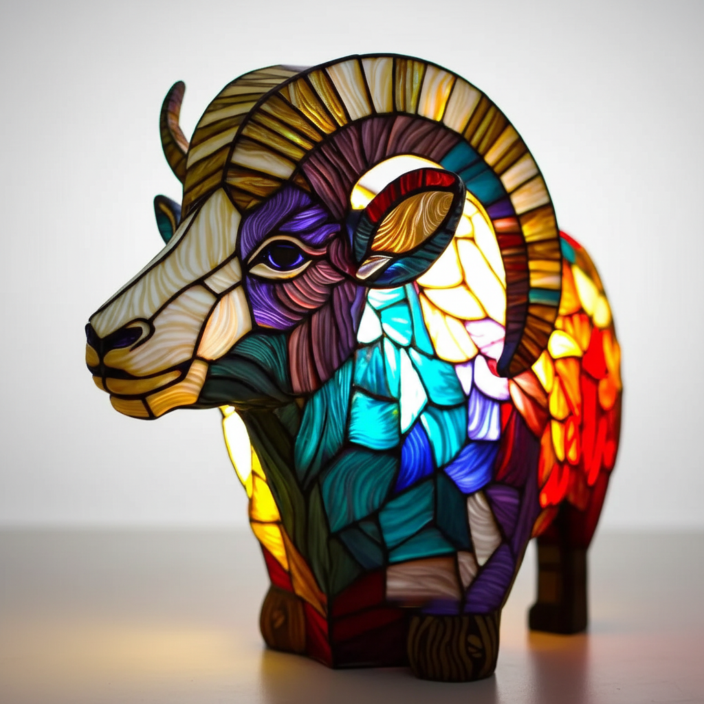 Living room table lamp with an artistic animal figure and vibrant stained glass.