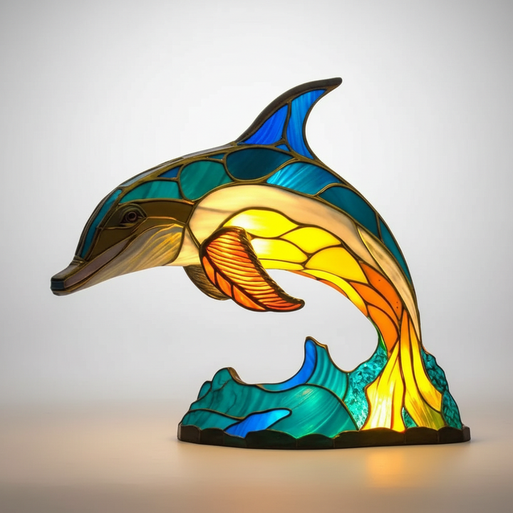 Stained glass animal lamp with intricate details, a charming table lamp for any decor.