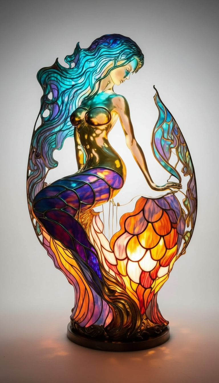 Decorative accent lamp: artistic animal table lamp with colorful stained glass for home.