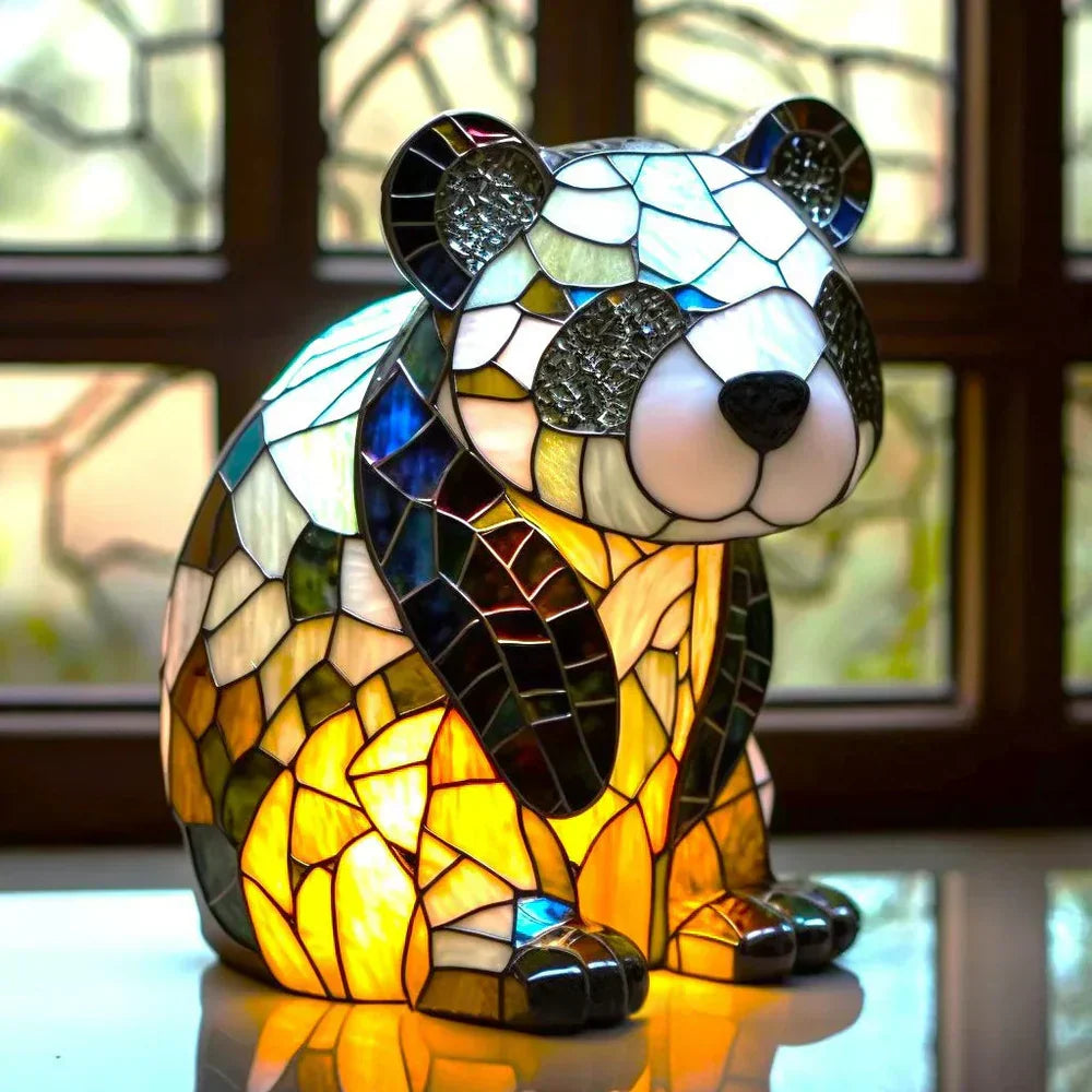Stained glass animal lamp illuminating a cozy living room, beautiful home decor.