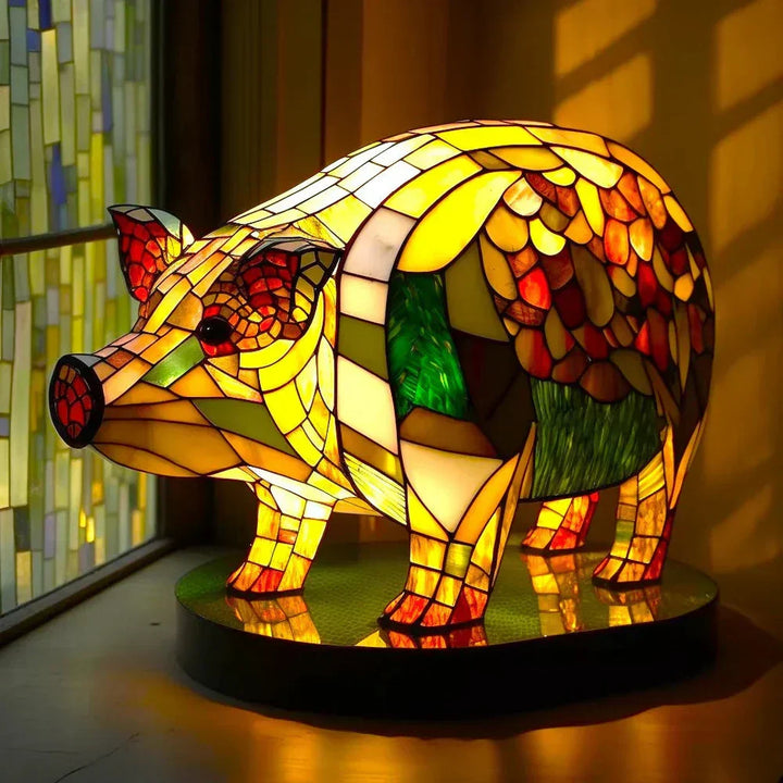 Close-up of an artistic animal table lamp, intricate stained glass design for bedrooms.