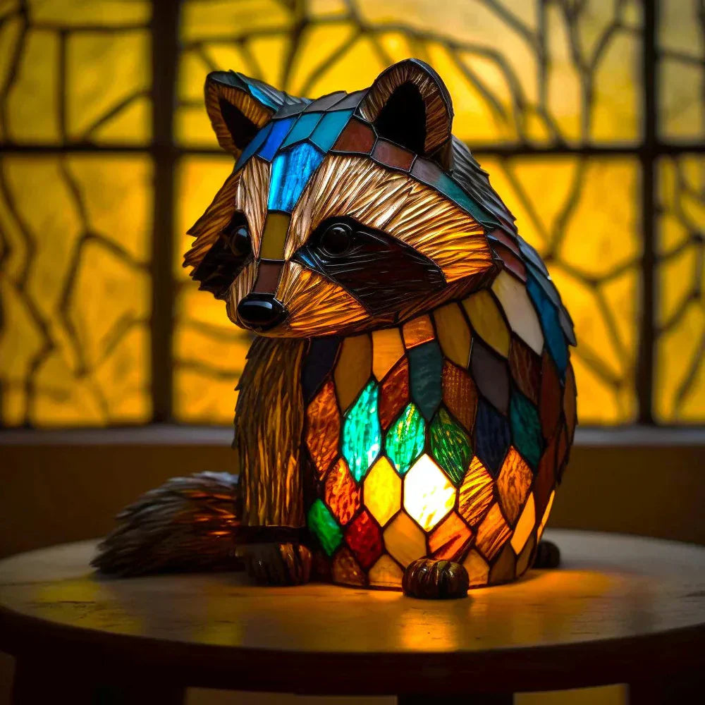 Unique animal table lamp with a colorful stained glass shade, ideal as a gift or home decor.