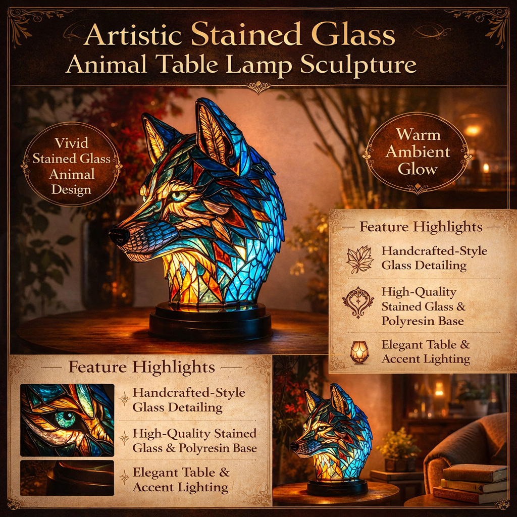 Colorful stained glass fish lamp, a unique accent light and home decor piece.