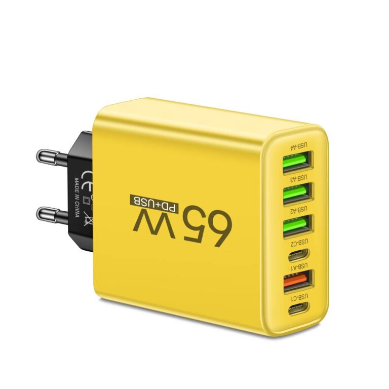 High-speed 6-port universal charger. 65W fast power delivery for phones, tablets, & laptops at home or office.