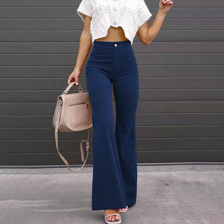 Black Curve-Fit Bellbottom Pants: high-waisted, wide-leg flare for women, offering a chic retro vintage style.