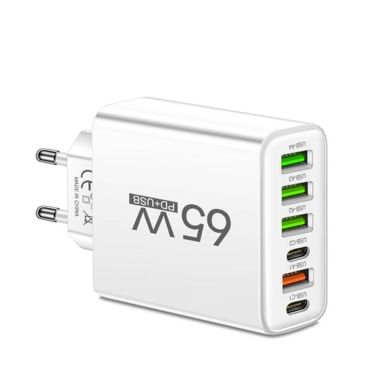 Universal 65W 6-in-1 fast charger for phones, tablets, and laptops. Rapidly power 6 devices simultaneously.