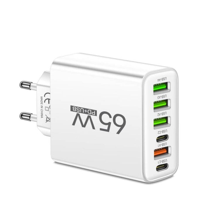 Universal 65W 6-in-1 fast charger for phones, tablets, and laptops. Rapidly power 6 devices simultaneously.
