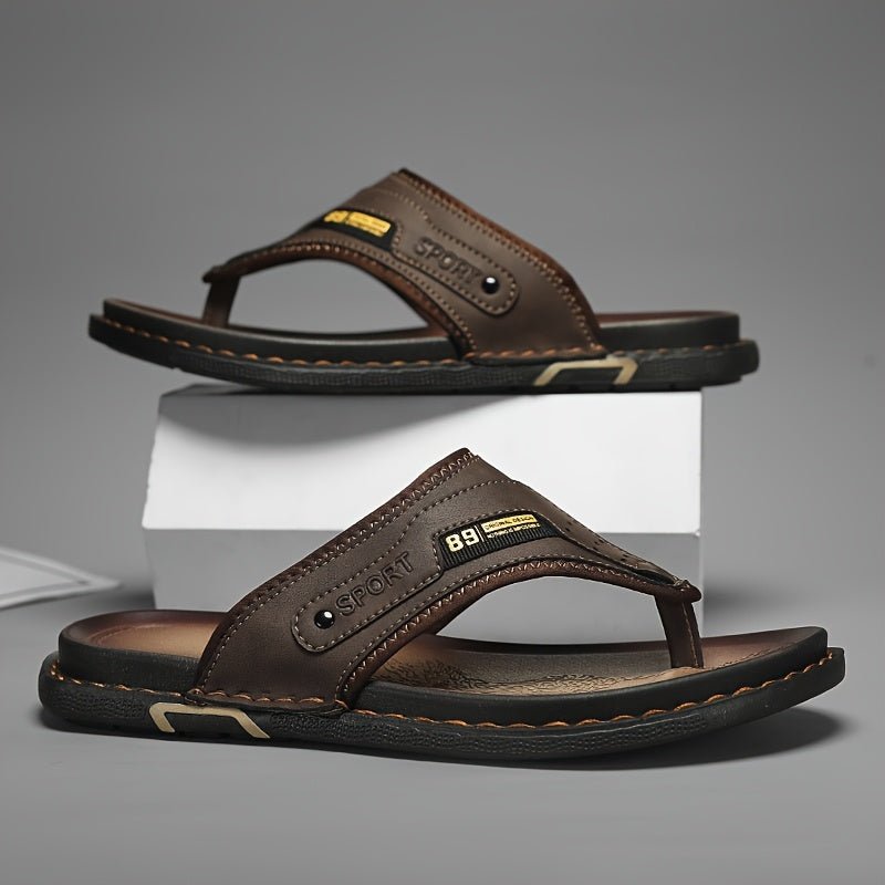 Men's polished black thong slides with non-slip sole, perfect for beach, pool, or casual summer wear.
